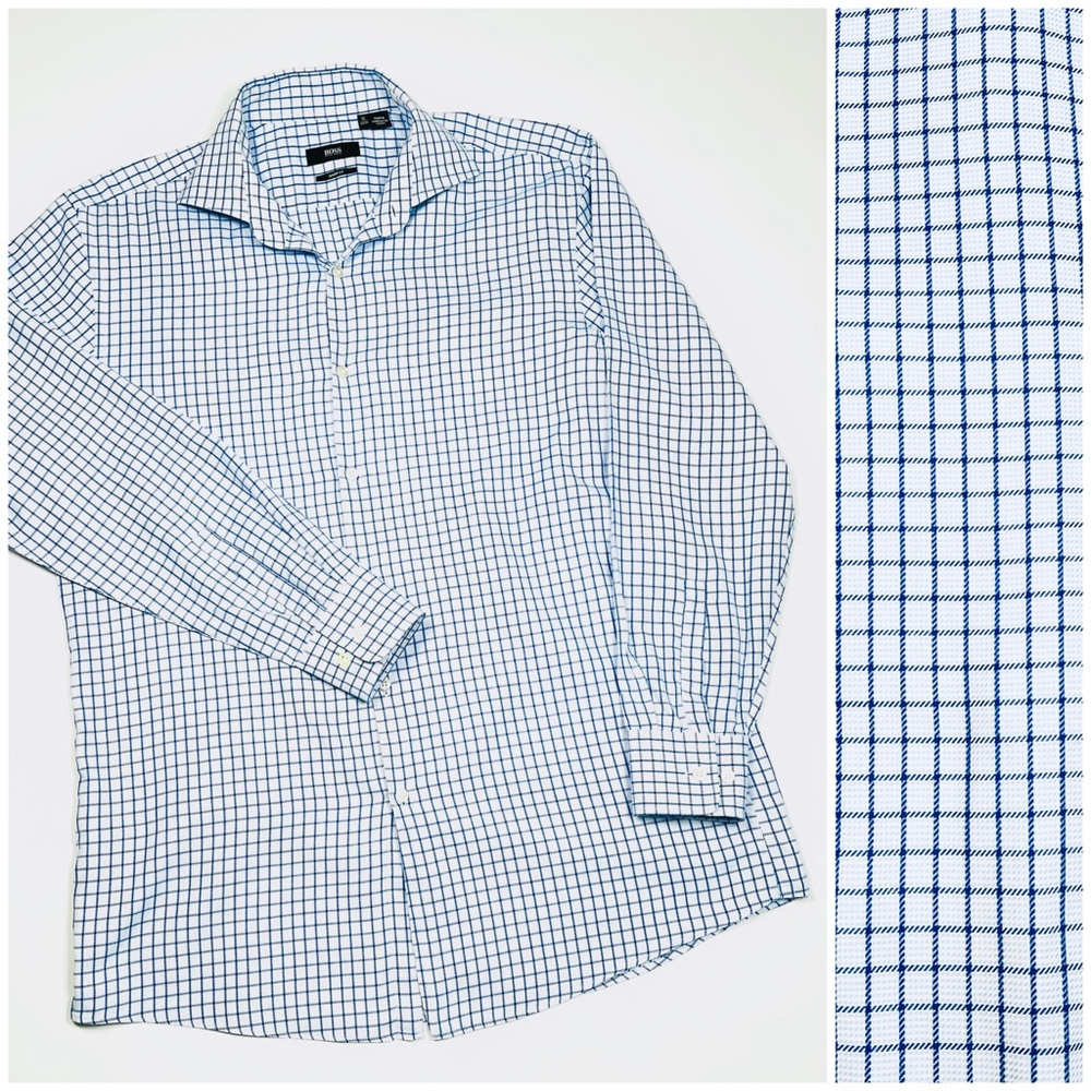 Hugo Boss Mens Dress Shirt Size 16 32/33 Sharp Fit White Blue Plaid Cotton